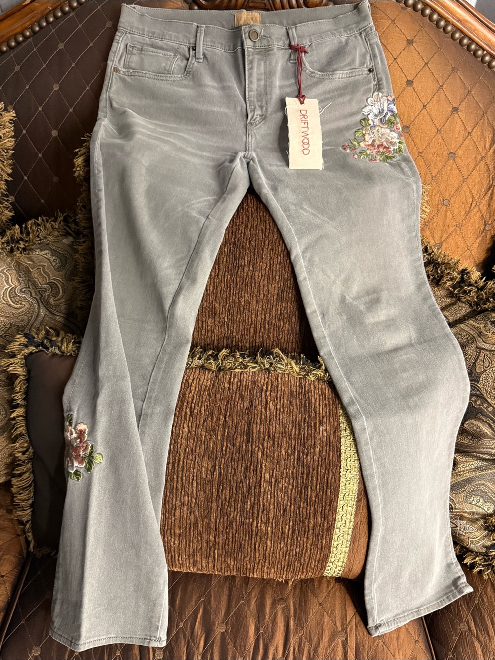 DRIFTWOOD Light Gray Straight Leg Jeans with Pink & Green Floral Embroidery - Picture 6 of 7